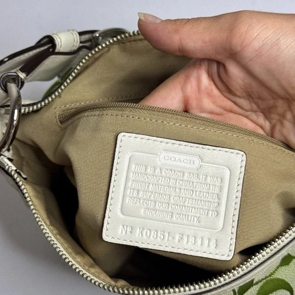 Coach APPLE GREEN Signature Canvas White Leather Trim Shoulder Bag